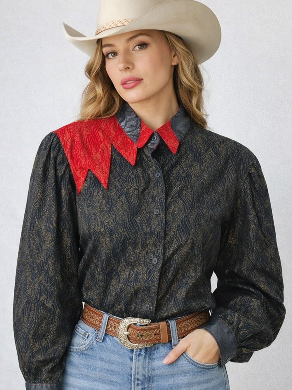 Vintage 80s Western Shirt Womens S Red Yoke Paisley Metallic USA Puff Sleeve